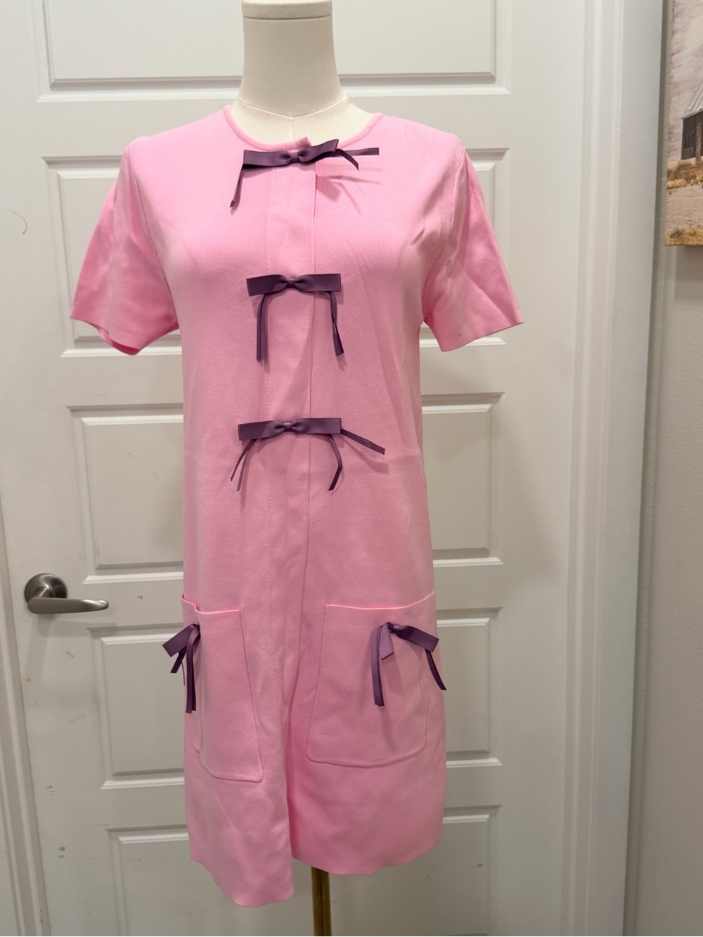 Zara Pink Short-Sleeve Bow-Detail Shift Dress - Picture 5 of 6